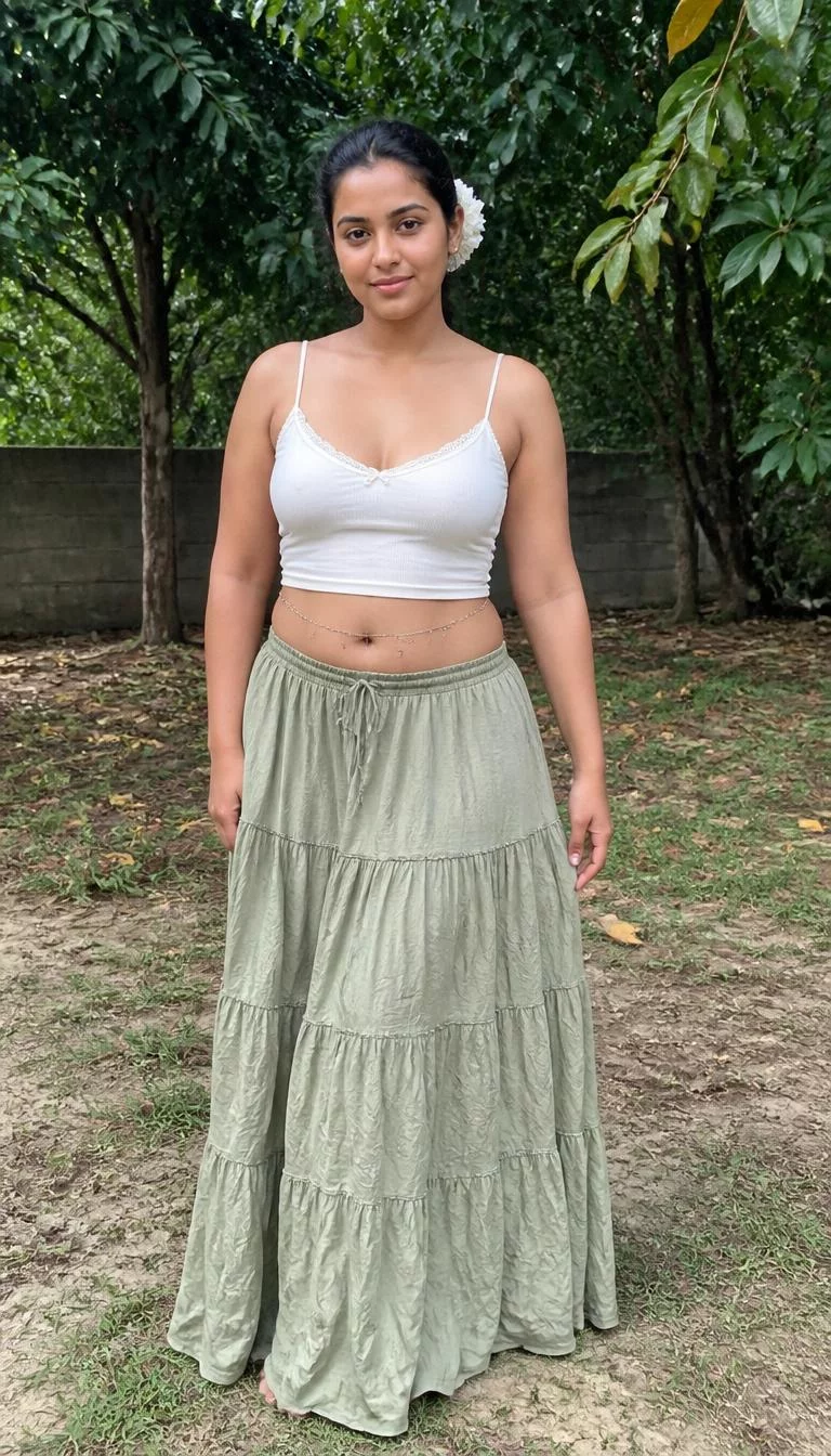 Sage Green Tiered Skirt and Lace Camisole A photorealistic full body shot of a 32-year-old South Asian woman with a oblong face, tan, narrow nose, straight eyebrows, and wide lips. Her face features widow's peak hairline, visible pores, and subtle natural facial asymmetry. She has deep-set hazel eyes, soft cheekbones, neutral expression, cheerful. She is curvy build with hair pulled back with a white flower accessory and is wearing a white lace-trimmed camisole and a long tiered sage green skirt with a delicate belly chain, no people in the background, high-quality mobile photography, shot on an iPhone 14.