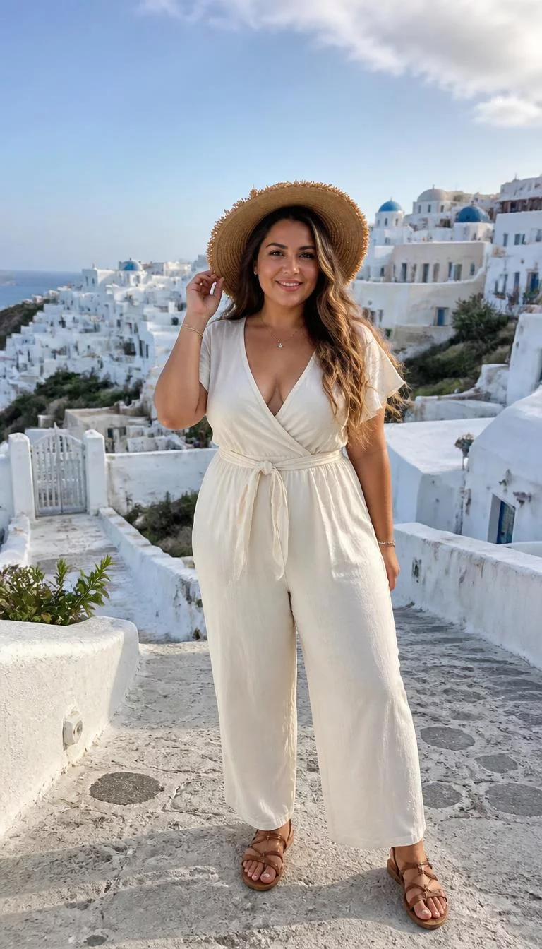Wrap Jumpsuit and Gladiator Sandals A photorealistic full body shot of a 34-year-old Middle Eastern woman with a diamond face, golden brown, narrow nose, softly curved eyebrows, and thin lips. Her face features widow's peak hairline, visible pores, and subtle natural facial asymmetry. She has hooded gray eyes, rounded cheeks, broad smile, confident. She is curvy build with long wavy light brown hair and is wearing a cream v-neck wrap jumpsuit with a straw hat and brown leather gladiator sandals, against a classic Greek hillside, no people in the background, high-quality mobile photography, shot on an iPhone 14.