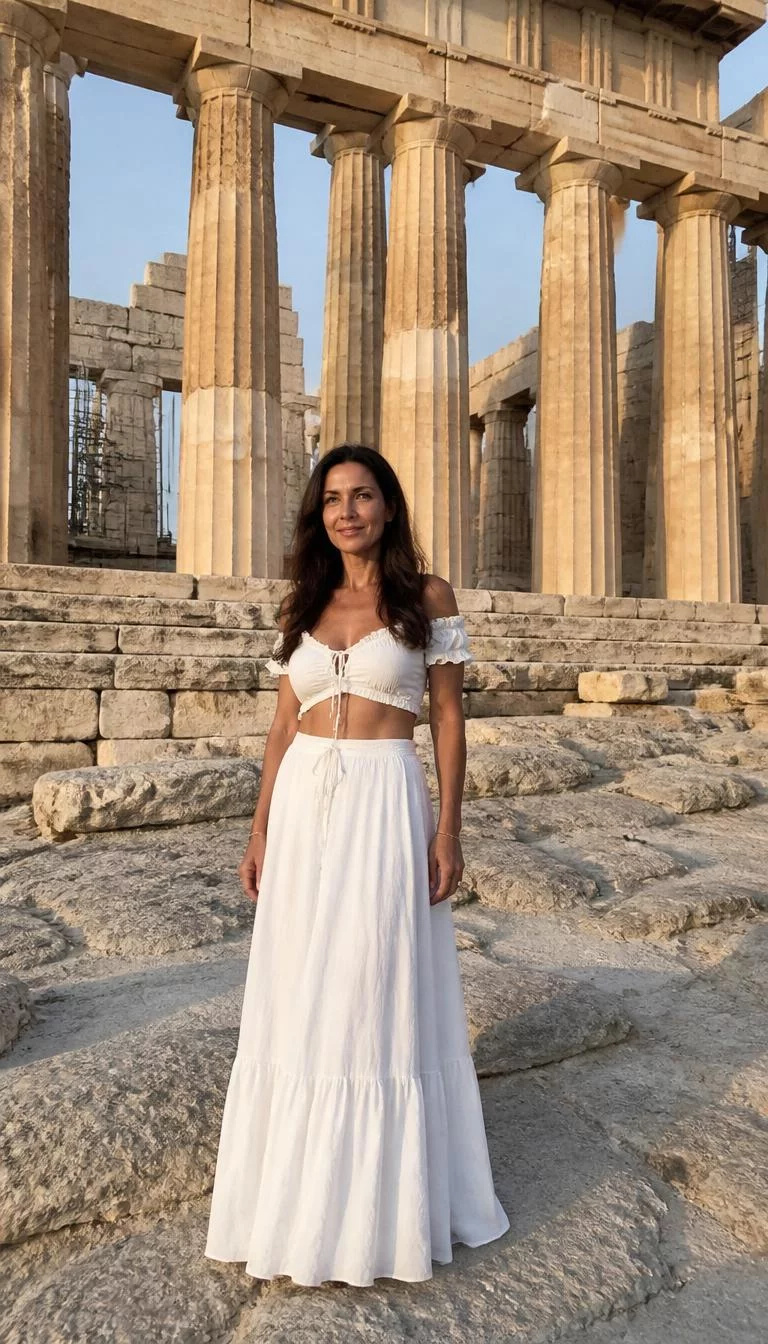 Ruffled Crop Top and Matching Long Skirt A photorealistic full body shot of a 43-year-old Northern European woman with a heart-shaped face, golden brown, button nose, thin arched eyebrows, and wide lips. Her face features small scar on the eyebrow, faint under-eye shadows, and subtle natural facial asymmetry. She has upturned hazel eyes, high cheekbones, subtle smile, thoughtful. She is slim with long dark brown hair worn loose and is wearing a white ruffled crop top and a matching long skirt, in front of the ancient Greek columns of the Acropolis, no people in the background, high-quality mobile photography, shot on an iPhone 14.