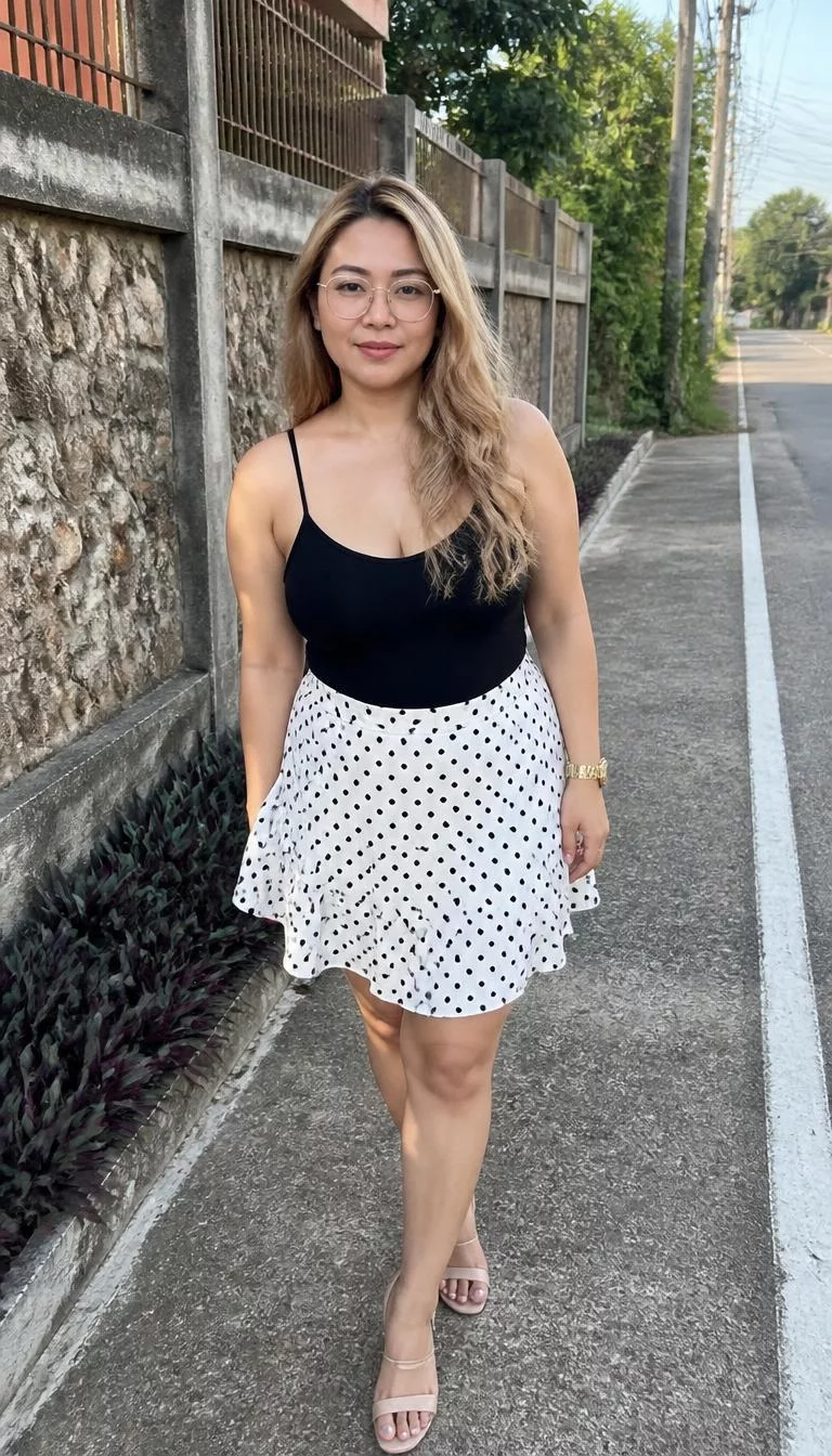 Polka Dot Skirt and Black Bodysuit A photorealistic full body shot of a 36-year-old Southeast Asian woman with a oblong face, fair, button nose, feathered eyebrows, and wide lips. Her face features uneven eyebrows, subtle acne marks, and subtle natural facial asymmetry. She has round hazel eyes, rounded cheeks, subtle smile, thoughtful. She is average build with blonde long, voluminous hair hair and is wearing a black bodysuit and white polka-dot skirt with gold-rimmed glasses, outdoors near a street, no people in the background, high-quality mobile photography, shot on an iPhone 14.