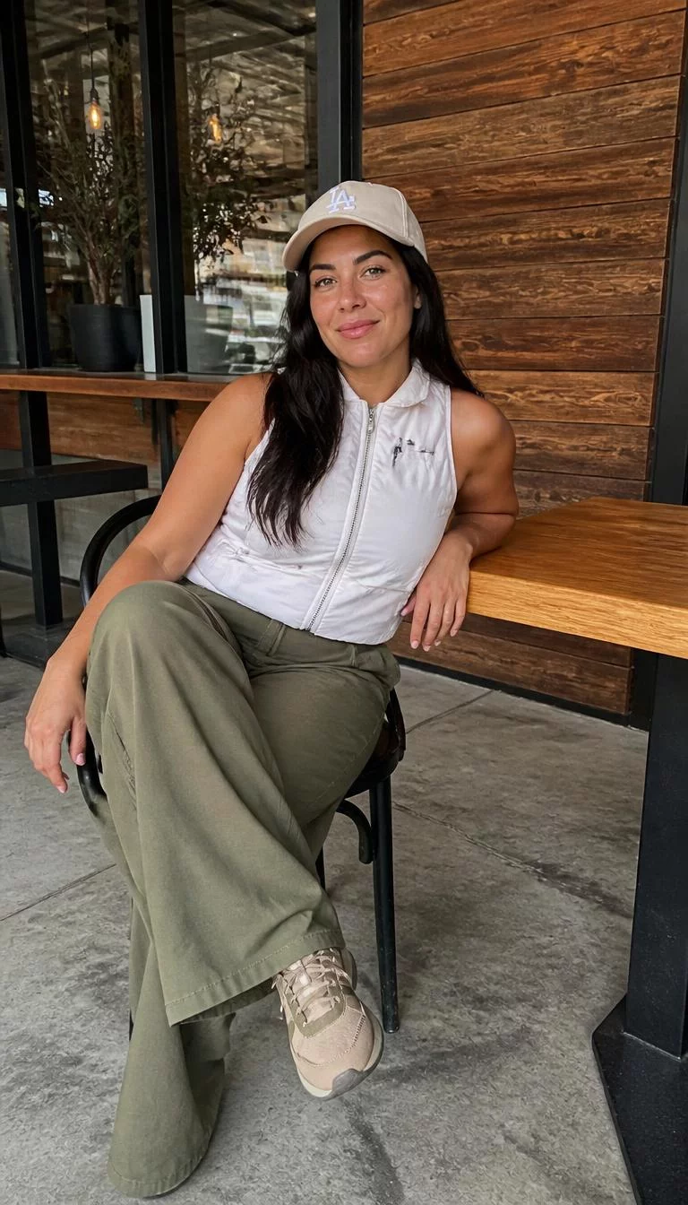 White Vest and Olive Green Trousers A photorealistic full body shot of a 37-year-old Latina woman with a pear-shaped face, light, narrow nose, thin arched eyebrows, and wide lips. Her face features small scar on the eyebrow, subtle acne marks, and subtle natural facial asymmetry. She has downturned green eyes, soft cheekbones, subtle smile, relaxed. She is athletic build with long dark hair hair and is wearing a beige cap, white functional vest, and olive-green wide-leg trousers, sitting at a cafe table, no people in the background, high-quality mobile photography, shot on an iPhone 14.