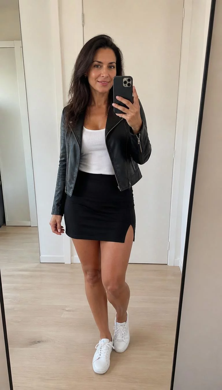 Black Mini Skirt and White Sneakers A photorealistic full body shot of a 42-year-old Northern European woman with a heart-shaped face, deep brown, narrow nose, softly curved eyebrows, and wide lips. Her face features gap between front teeth, faint under-eye shadows, and subtle natural facial asymmetry. She has almond-shaped dark brown eyes, rounded cheeks, subtle smile, thoughtful. She is athletic build with long dark hair hair and is wearing a black leather jacket over a white tank, a black mini skirt with a side slit, and white sneakers, taking a mirror selfie, no people in the background, high-quality mobile photography, shot on an iPhone 14.