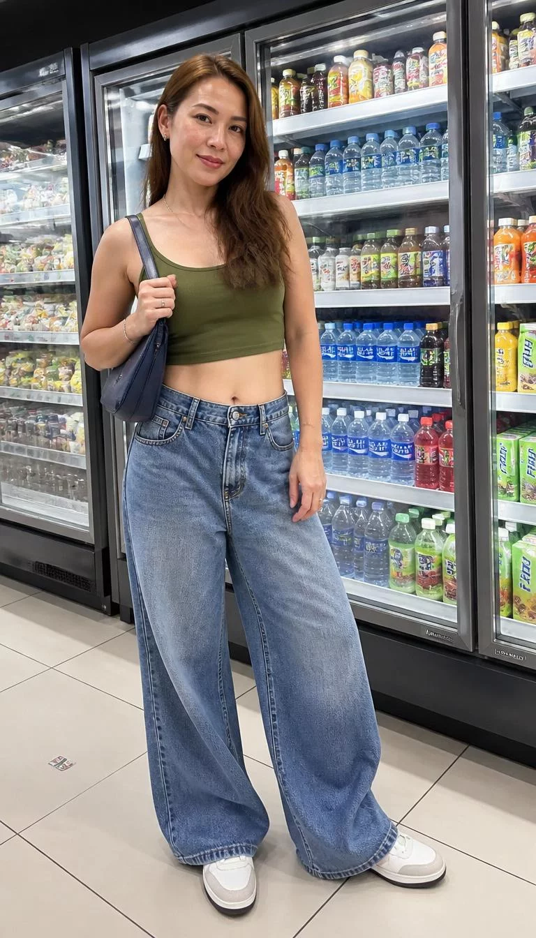 Olive Green Crop Top and Blue Handbag A photorealistic full body shot of a 36-year-old Southeast Asian woman with a round face, fair, button nose, thin arched eyebrows, and full lips. Her face features faint freckles across the nose, light freckles, and subtle natural facial asymmetry. She has almond-shaped brown eyes, high cheekbones, broad smile, relaxed. She is athletic build with brunette hair and is wearing an olive-green crop top, wide-leg denim jeans, and a blue handbag, standing in front of a refrigerator display, no people in the background, high-quality mobile photography, shot on an iPhone 14.