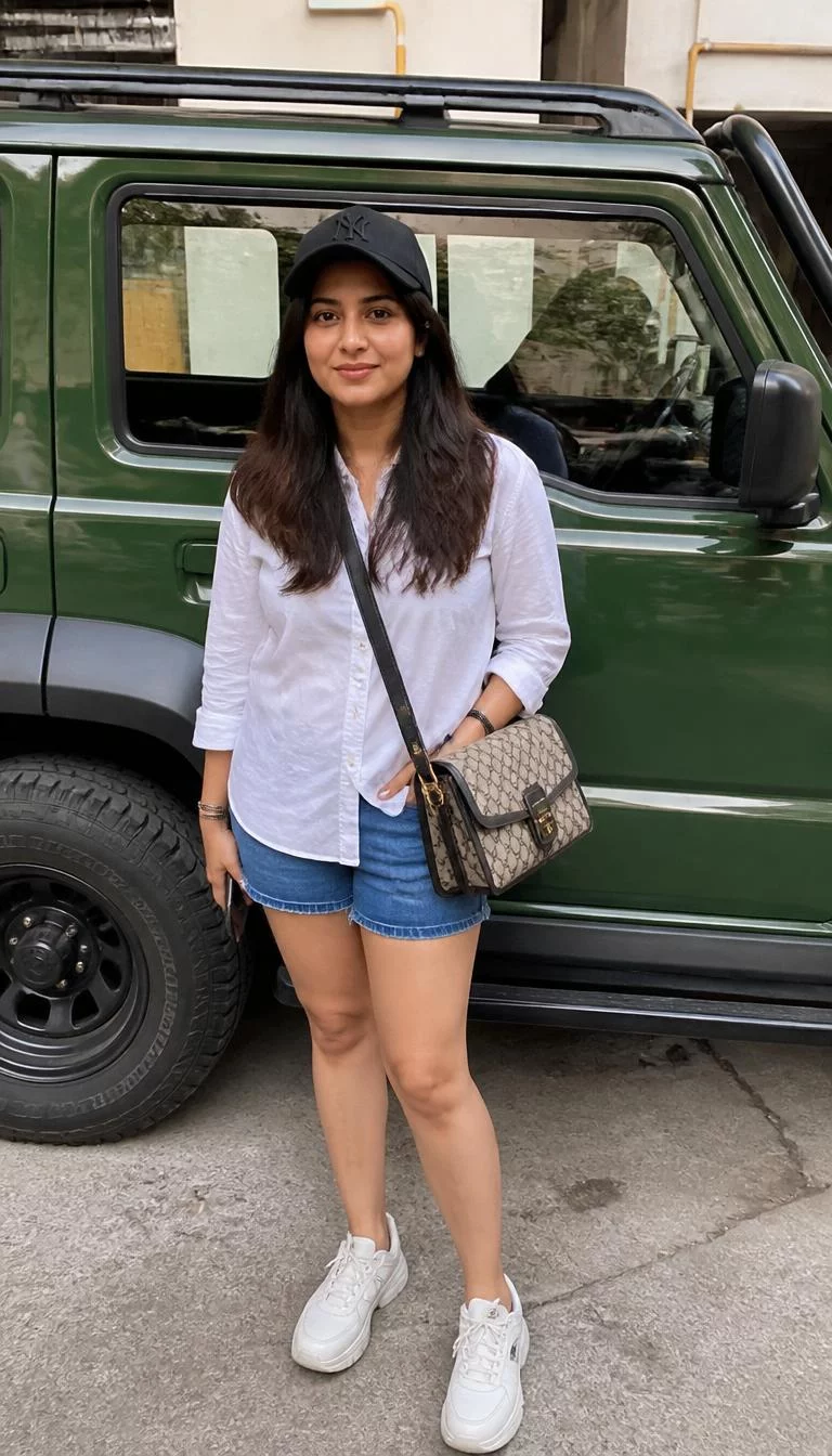 White Shirt and Denim Shorts A photorealistic full body shot of a 37-year-old South Asian woman with a oblong face, dark brown, upturned nose, thick natural eyebrows, and heart-shaped lips. Her face features widow's peak hairline, subtle acne marks, and subtle natural facial asymmetry. She has round dark brown eyes, rounded cheeks, closed-mouth smile, relaxed. She is petite with long dark hair hair and is wearing a white button-down shirt, denim shorts, black cap, and a patterned designer bag, standing in front of a green vehicle, no people in the background, high-quality mobile photography, shot on an iPhone 14.
