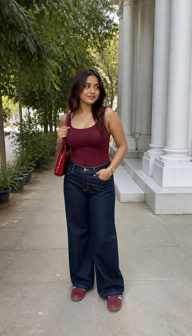 A photorealistic full body shot of a 24-year-old South Asian woman with a round face, tan, narrow nose, softly curved eyebrows, and wide lips. Her face features uneven eyebrows, light freckles, and subtle natural facial asymmetry. She has almond-shaped hazel eyes, soft cheekbones, broad smile, thoughtful. She is curvy build with [hair_color] [hairstyle] hair and is wearing a burgundy tank top, wide-leg dark denim, burgundy sneakers, a glossy red shoulder bag, and gold-toned accessories, [background], no people in the background, high-quality mobile photography, shot on an iPhone 14.