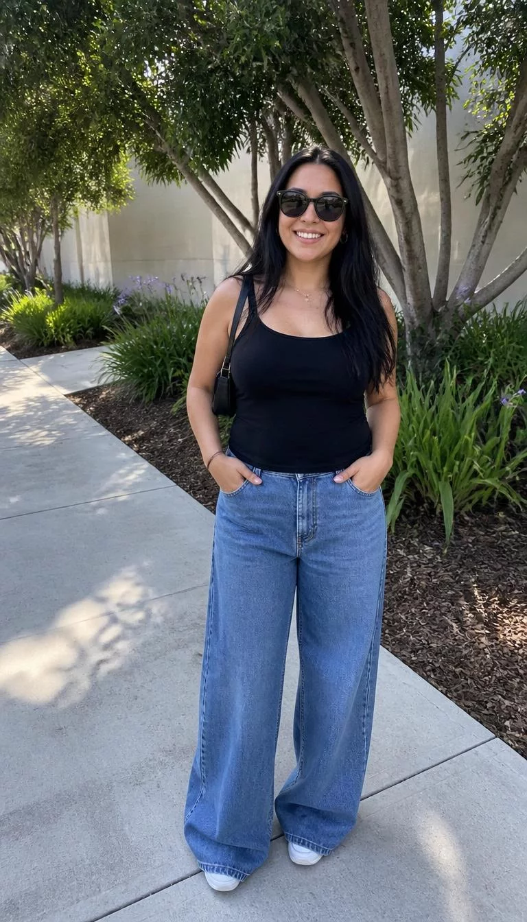 Black Tank Top and Wide Leg Denim A photorealistic full body shot of a 35-year-old Latina woman with a oval face, fair, button nose, straight eyebrows, and wide lips. Her face features gap between front teeth, light freckles, and subtle natural facial asymmetry. She has upturned dark brown eyes, pronounced cheekbones, subtle smile, cheerful. She is petite with long black hair hair and is wearing a black tank top, wide-leg denim jeans, and sunglasses, outdoors, no people in the background, high-quality mobile photography, shot on an iPhone 14.