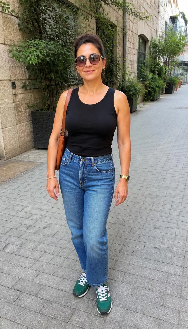 A photorealistic full body shot of a 45-year-old Middle Eastern woman with a oval face, tan, narrow nose, straight eyebrows, and full lips. Her face features small scar on the eyebrow, visible pores, and subtle natural facial asymmetry. She has monolid gray eyes, rounded cheeks, subtle smile, relaxed. She is athletic build with [hair_color] [hairstyle] hair and is wearing a black tank top, denim jeans, a brown shoulder bag, gold watch, pearl bracelet, hoop earrings, sunglasses, and forest green sneakers, [background], no people in the background, high-quality mobile photography, shot on an iPhone 14.