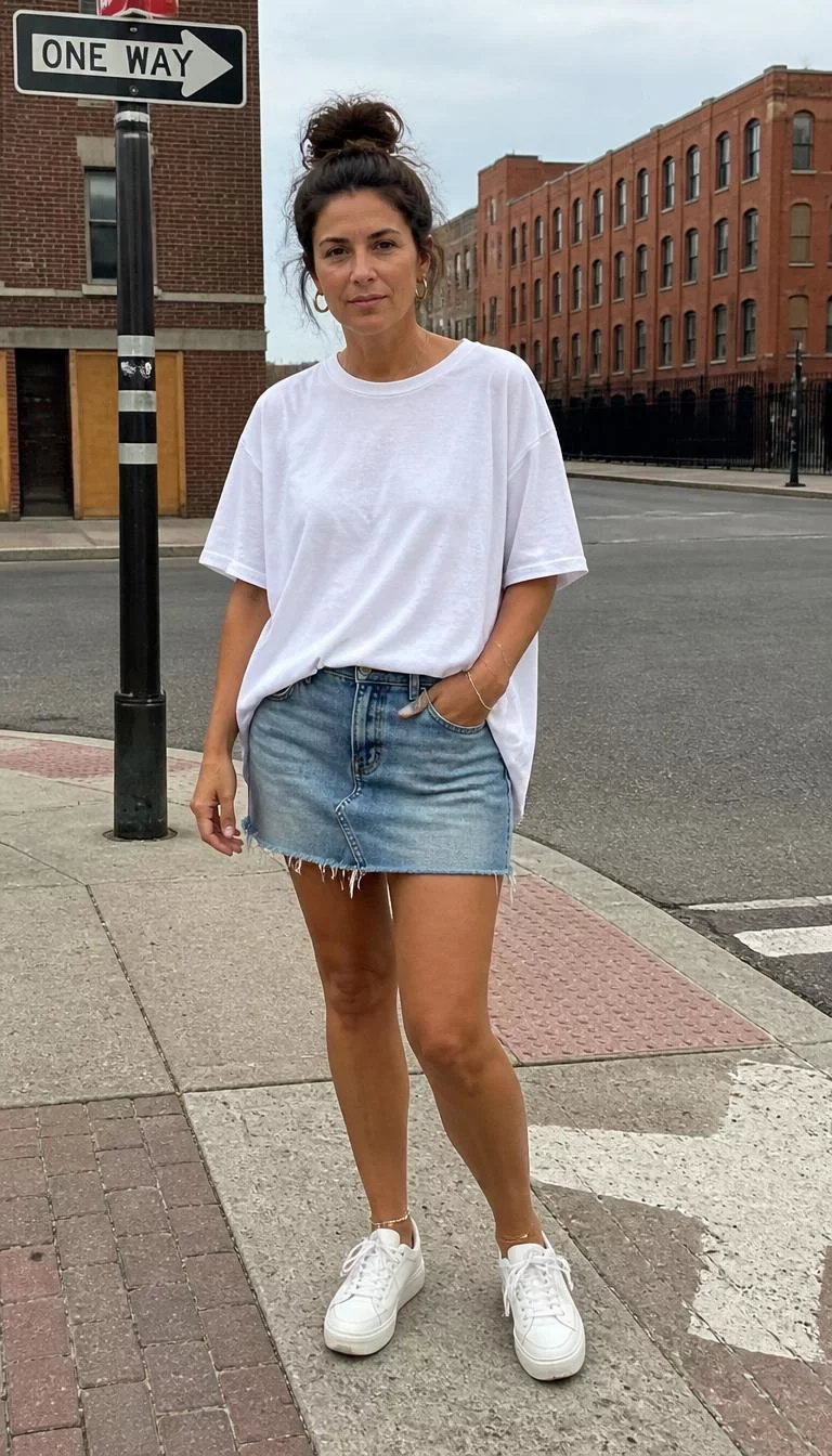 Oversized White T-Shirt and Denim Skirt A photorealistic full body shot of a 41-year-old Southern European woman with a heart-shaped face, tan, upturned nose, straight eyebrows, and full lips. Her face features widow's peak hairline, a few laugh lines, and subtle natural facial asymmetry. She has monolid amber eyes, rounded cheeks, neutral expression, confident. She is curvy build with brunette messy bun hair and is wearing a white oversized t-shirt, short denim skirt, and white sneakers, standing on a city street corner near a street sign, no people in the background, high-quality mobile photography, shot on an iPhone 14.