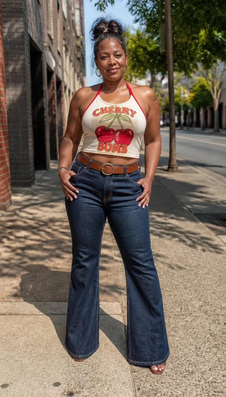 Cherry Bomb Halter Top and Flared Jeans A photorealistic full body shot of a 44-year-old Black African woman with a round face, tan, narrow nose, straight eyebrows, and full lips. Her face features beauty mark near the lip, slightly flushed cheeks, and subtle natural facial asymmetry. She has hooded blue eyes, rounded cheeks, closed-mouth smile, confident. She is athletic build with brunette messy bun hair and is wearing a graphic cherry bomb halter top, flared jeans, and a brown leather belt, captured standing on a city street, no people in the background, high-quality mobile photography, shot on an iPhone 14.