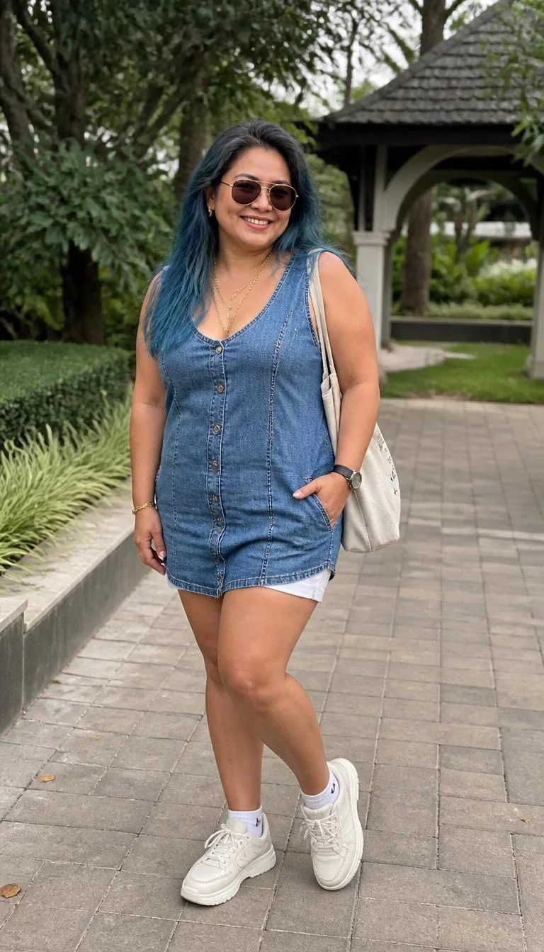 Blue Denim Mini Dress and White Shorts A photorealistic full body shot of a 46-year-old Southeast Asian woman with a pear-shaped face, olive, rounded nose, straight eyebrows, and thin lips. Her face features dimples, subtle acne marks, and subtle natural facial asymmetry. She has monolid gray eyes, pronounced cheekbones, broad smile, playful. She is curvy build with blue denim hair and is wearing a blue denim mini dress, white shorts, a tote bag, gold jewelry, a leather watch, sunglasses, and sneakers, casual light summer collection, no people in the background, high-quality mobile photography, shot on an iPhone 14.