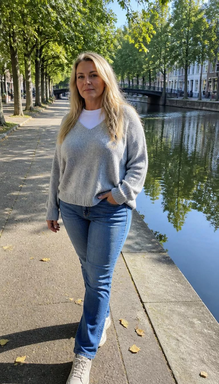 Grey Knit Sweater and Blue Jeans A photorealistic full body shot of a 47-year-old Mediterranean woman with a square face, tan, rounded nose, feathered eyebrows, and heart-shaped lips. Her face features widow's peak hairline, a few laugh lines, and subtle natural facial asymmetry. She has deep-set hazel eyes, high cheekbones, neutral expression, relaxed. She is curvy build with blonde straight loose hair and is wearing a grey knit sweater over a white top, blue jeans, and sneakers, sunny tree-lined canal side, no people in the background, high-quality mobile photography, shot on an iPhone 14.