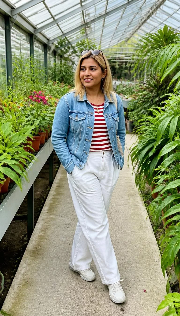 Striped Tee and Denim Jacket A photorealistic full body shot of a 38-year-old South Asian woman with a oval face, tan, rounded nose, straight eyebrows, and full lips. Her face features gap between front teeth, faint under-eye shadows, and subtle natural facial asymmetry. She has upturned hazel eyes, high cheekbones, subtle smile, thoughtful. She is petite with blonde hair and is wearing a red-and-white striped tee, a denim jacket, and white trousers with sunglasses, inside a greenhouse among rows of lush garden plants, no people in the background, high-quality mobile photography, shot on an iPhone 14.