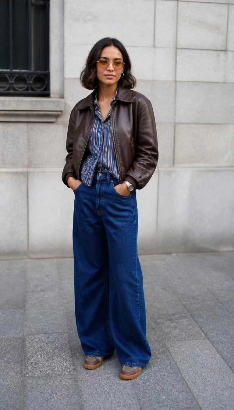 Leather Jacket and Striped Shirt A photorealistic full body shot of a 27-year-old Mixed-race woman with a square face, deep brown, button nose, feathered eyebrows, and wide lips. Her face features faint freckles across the nose, visible pores, and subtle natural facial asymmetry. She has hooded amber eyes, soft cheekbones, neutral expression, cheerful. She is petite with hair color hair and is wearing a brown leather jacket, a blue striped shirt, blue wide-leg jeans, brown sneakers, yellow-tinted sunglasses, and a watch, no people in the background, high-quality mobile photography, shot on an iPhone 14.