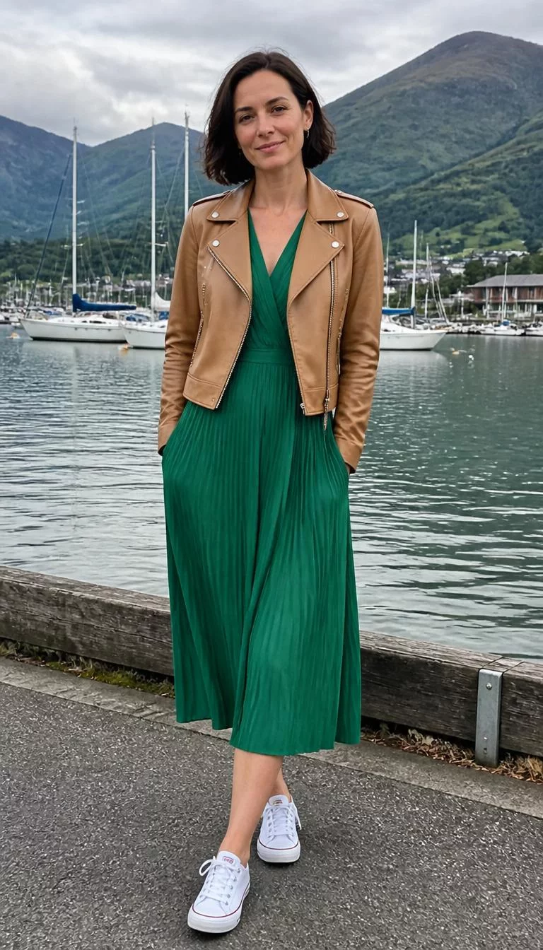 Green Pleated Dress and Leather Jacket A photorealistic full body shot of a 36-year-old Northern European woman with a oval face, fair, straight nose, thin arched eyebrows, and thin lips. Her face features faint freckles across the nose, light freckles, and subtle natural facial asymmetry. She has hooded dark brown eyes, pronounced cheekbones, subtle smile, relaxed. She is slim with brunette bob style hair and is wearing a green pleated dress and a tan leather motorcycle jacket, picturesque New Zealand harbour with sailing boats, no people in the background, high-quality mobile photography, shot on an iPhone 14.
