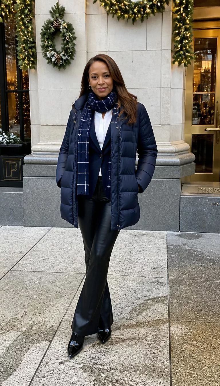 Blue Puffer Jacket and Winter Layers A photorealistic full body shot of a 45-year-old Afro-Caribbean woman with a diamond face, fair, button nose, straight eyebrows, and full lips. Her face features widow's peak hairline, faint under-eye shadows, and subtle natural facial asymmetry. She has round green eyes, soft cheekbones, subtle smile, playful. She is athletic build with hair color hair and is wearing a blue puffer jacket, a cozy winter ensemble with a scarf, a blazer look, and holiday style, no people in the background, high-quality mobile photography, shot on an iPhone 14.