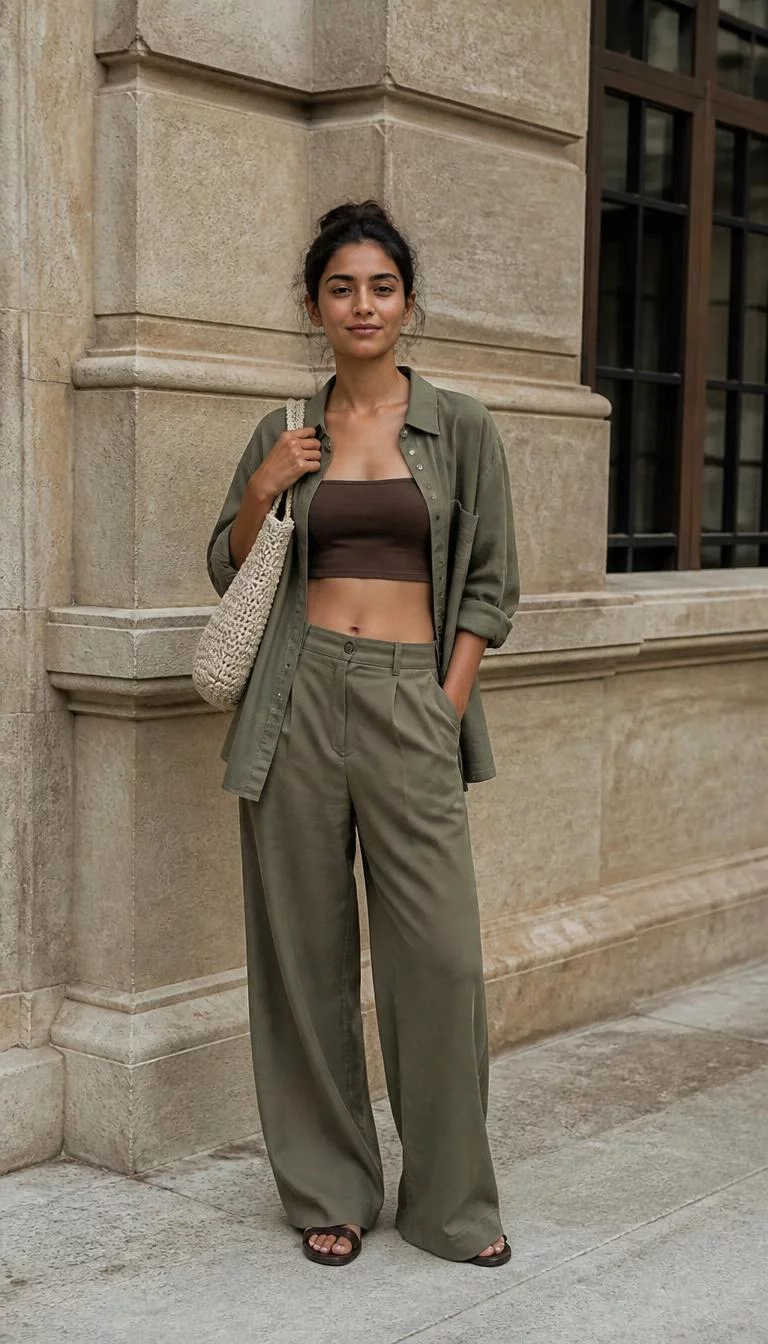 Olive Button Down and Tube Top A photorealistic full body shot of a 24-year-old South Asian woman with a square face, tan, straight nose, softly curved eyebrows, and thin lips. Her face features slightly crooked smile, faint under-eye shadows, and subtle natural facial asymmetry. She has deep-set gray eyes, soft cheekbones, closed-mouth smile, relaxed. She is athletic build with brunette hair in a messy bun hair and is wearing a olive-green button-down over a dark brown tube top and wide-leg trousers, classic beige stone building facade, no people in the background, high-quality mobile photography, shot on an iPhone 14.