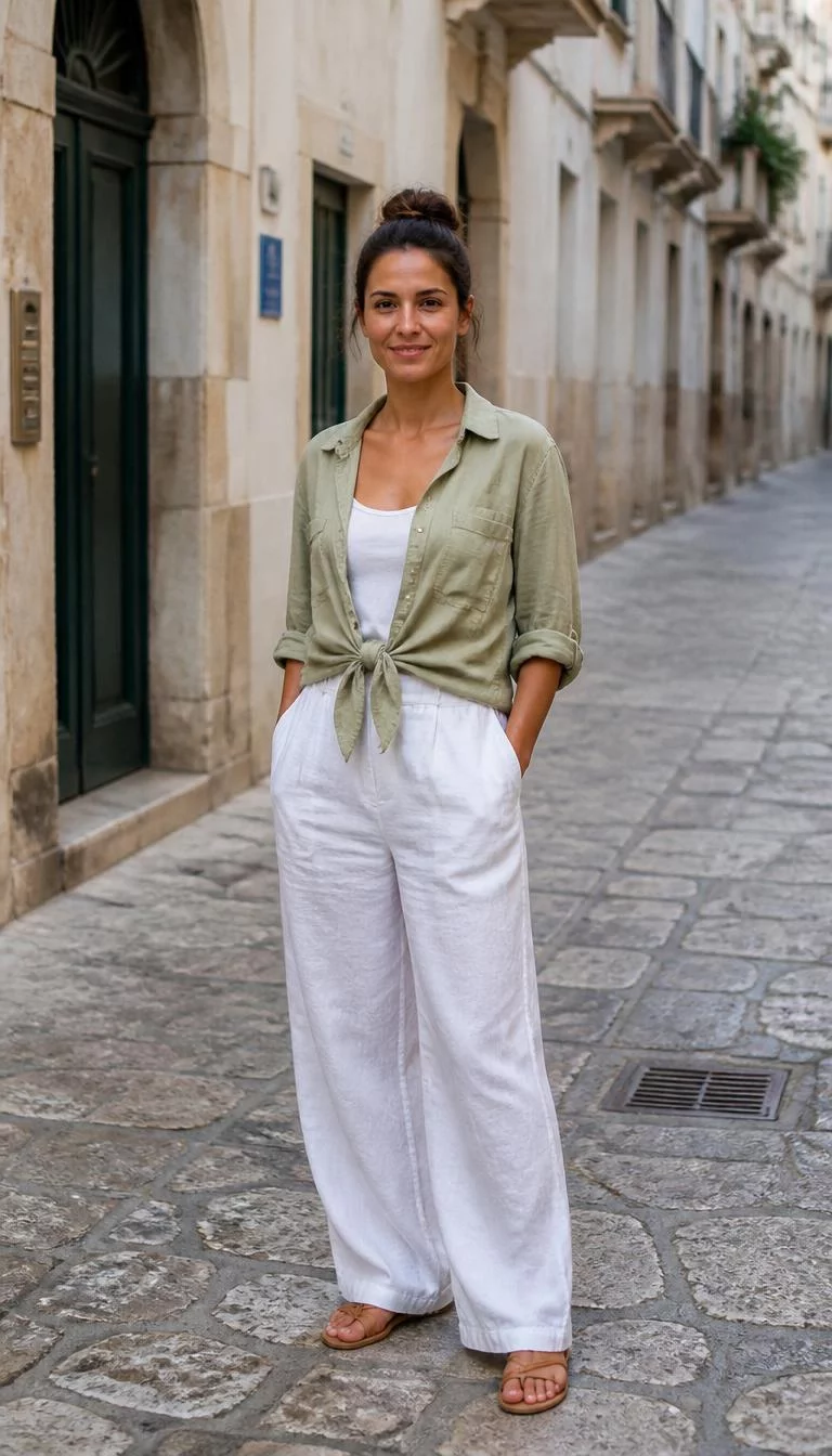 Olive Button Down and White Trousers A photorealistic full body shot of a 32-year-old Northern European woman with a diamond face, olive, broad nose, straight eyebrows, and heart-shaped lips. Her face features gap between front teeth, a few laugh lines, and subtle natural facial asymmetry. She has round dark brown eyes, high cheekbones, closed-mouth smile, relaxed. She is average build with brunette hair in a messy bun hair and is wearing a long light olive button-down tied at the waist over a white top with white trousers, Mediterranean street, no people in the background, high-quality mobile photography, shot on an iPhone 14.