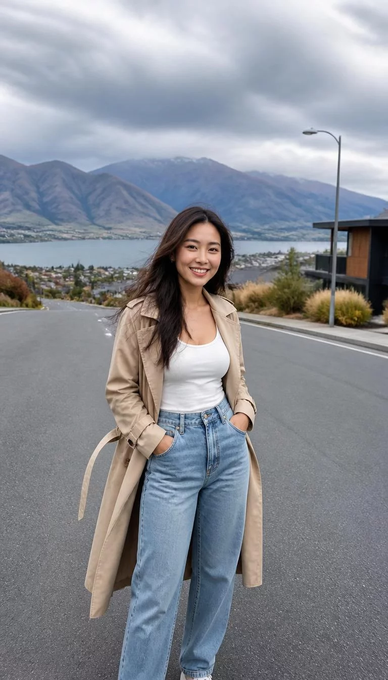 Trench Coat and White Tank Top A photorealistic full body shot of a 26-year-old East Asian woman with a heart-shaped face, fair, straight nose, thin arched eyebrows, and thin lips. Her face features dimples, light freckles, and subtle natural facial asymmetry. She has downturned blue eyes, high cheekbones, broad smile, cheerful. She is athletic build with long-haired brunette hair and is wearing a trench coat, white tank top, and blue jeans, city street with a serene New Zealand landscape background, no people in the background, high-quality mobile photography, shot on an iPhone 14.