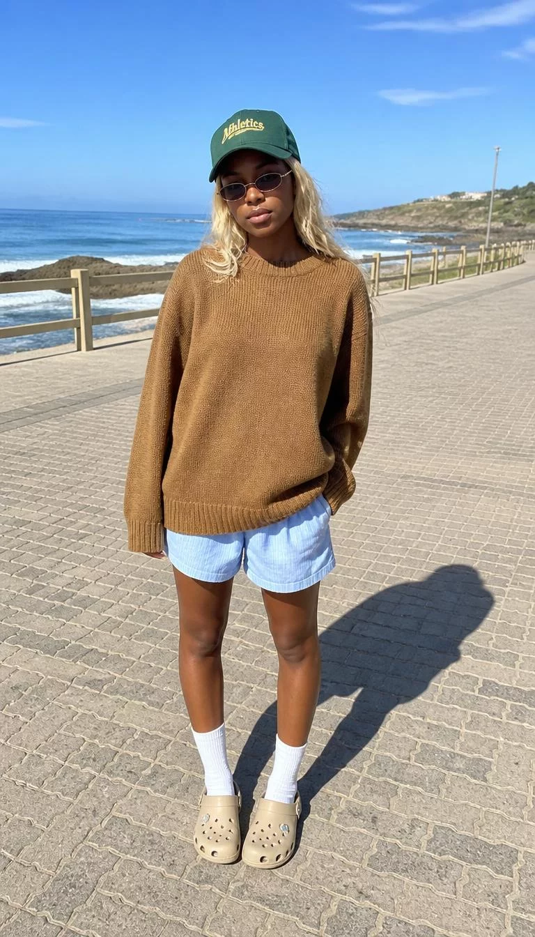 Oversized Brown Sweater and Clogs A photorealistic full body shot of a 28-year-old Black African woman with a oblong face, deep brown, button nose, softly curved eyebrows, and full lips. Her face features widow's peak hairline, faint under-eye shadows, and subtle natural facial asymmetry. She has downturned blue eyes, soft cheekbones, neutral expression, relaxed. She is slim with blonde hair and is wearing a oversized brown sweater, light blue shorts, white socks, clogs, a green cap, and brown sunglasses, sunny coastal beach walkway, no people in the background, high-quality mobile photography, shot on an iPhone 14.