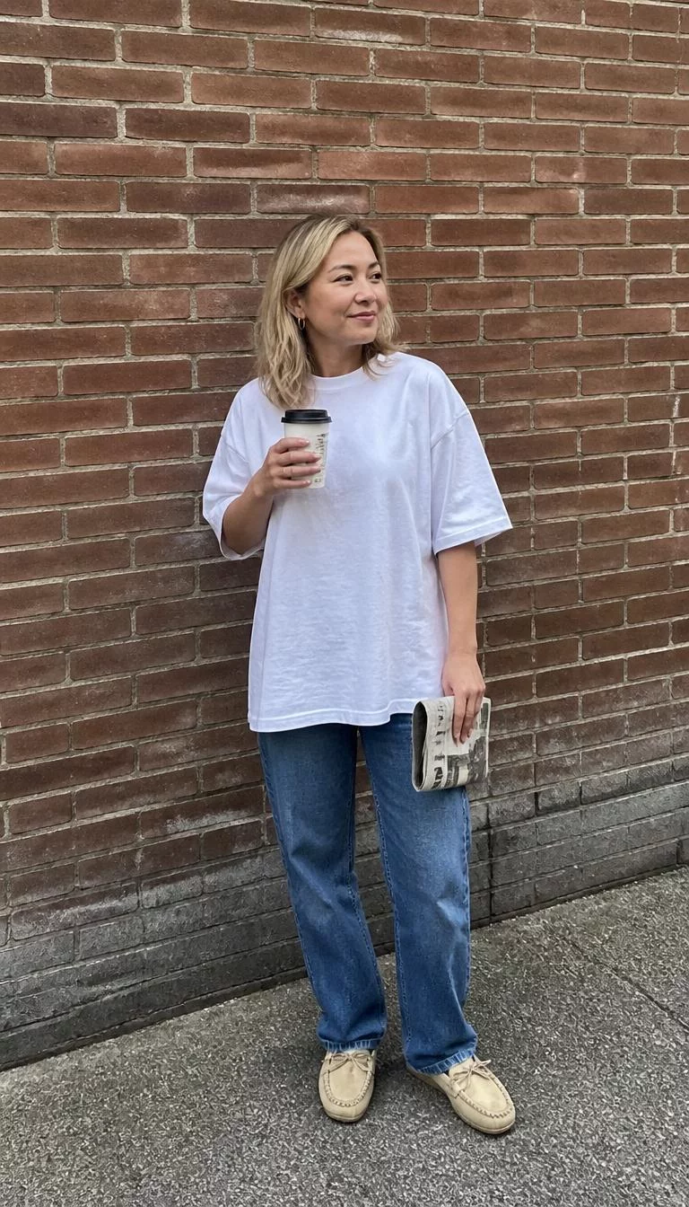 Oversized White T-Shirt and Moccasins A photorealistic full body shot of a 38-year-old Southeast Asian woman with a pear-shaped face, olive, broad nose, softly curved eyebrows, and wide lips. Her face features beauty mark near the lip, visible pores, and subtle natural facial asymmetry. She has hooded brown eyes, pronounced cheekbones, subtle smile, cheerful. She is petite with blonde hair and is wearing a oversized white t-shirt, blue jeans, and moccasins, holding a coffee and a newspaper near a brown brick wall, no people in the background, high-quality mobile photography, shot on an iPhone 14.
