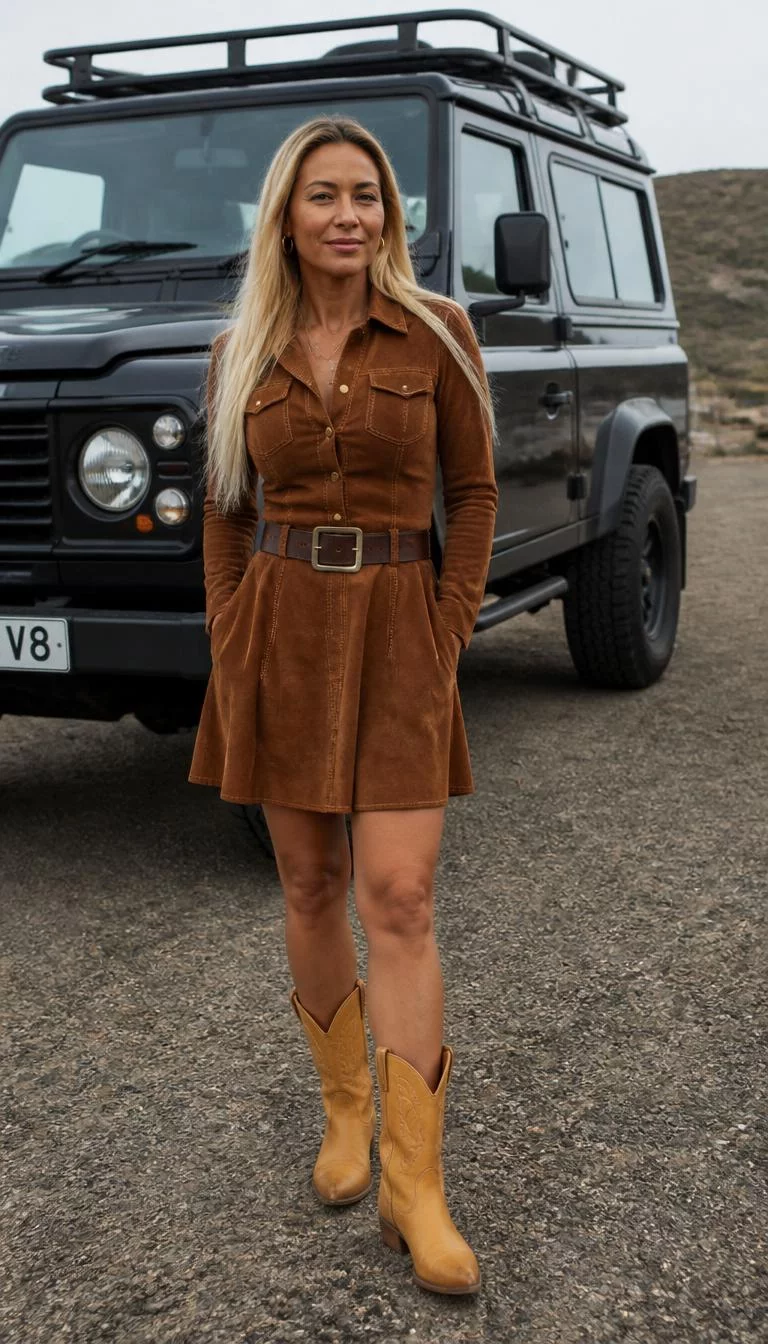 Brown Suede Dress and Yellow Boots A photorealistic full body shot of a 42-year-old Mixed-race woman with a pear-shaped face, dark brown, straight nose, thin arched eyebrows, and thin lips. Her face features gap between front teeth, a few laugh lines, and subtle natural facial asymmetry. She has downturned blue eyes, rounded cheeks, neutral expression, relaxed. She is athletic build with blonde long straight hair and is wearing a brown suede dress, brown belt, and yellow boots, background features a vehicle, no people in the background, high-quality mobile photography, shot on an iPhone 14.