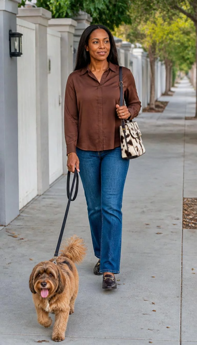 Brown Long Sleeve Blouse and Blue Jeans A photorealistic full body shot of a 49-year-old Black African woman with a oblong face, golden brown, upturned nose, thick natural eyebrows, and full lips. Her face features widow's peak hairline, slightly flushed cheeks, and subtle natural facial asymmetry. She has hooded blue eyes, rounded cheeks, broad smile, thoughtful. She is slim with dark center-parted hair hair and is wearing a brown long-sleeved blouse, blue jeans, and carries a small cow-print bag, walking her dog on the sidewalk, no people in the background, high-quality mobile photography, shot on an iPhone 14.