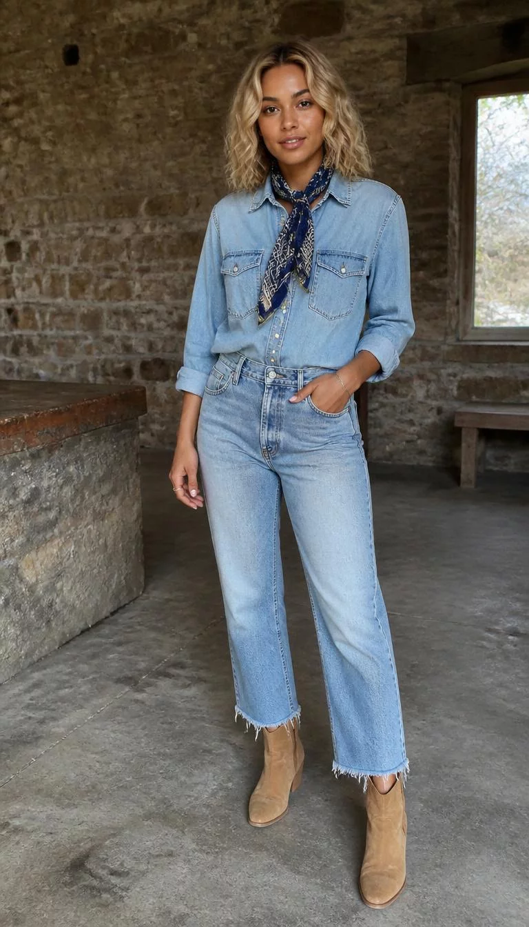 Light Wash Denim Shirt and Raw Hem Jeans A photorealistic full body shot of a 26-year-old Mixed-race woman with a square face, dark brown, rounded nose, straight eyebrows, and wide lips. Her face features faint freckles across the nose, faint under-eye shadows, and subtle natural facial asymmetry. She has deep-set amber eyes, soft cheekbones, broad smile, thoughtful. She is athletic build with blonde hair hair and is wearing a light-wash denim shirt, matching jeans with raw hemlines, a patterned scarf, and tan boots, standing in a rustic stone-walled room, no people in the background, high-quality mobile photography, shot on an iPhone 14.