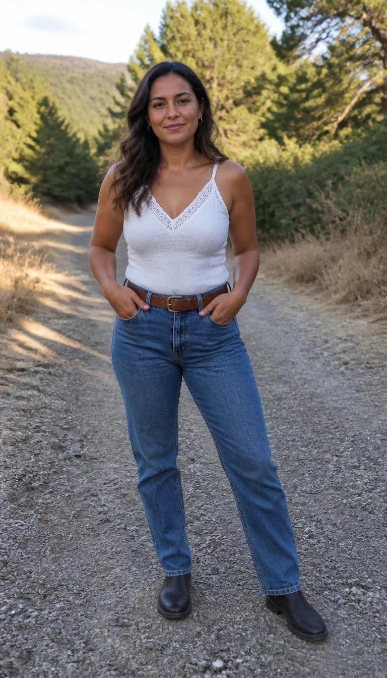 White Sleeveless Top and Medium Wash Jeans A photorealistic full body shot of a 29-year-old Latina woman with a square face, golden brown, aquiline nose, thick natural eyebrows, and wide lips. Her face features beauty mark near the lip, visible pores, and subtle natural facial asymmetry. She has hooded brown eyes, pronounced cheekbones, closed-mouth smile, cheerful. She is average build with brunette wavy hair hair and is wearing a white sleeveless top with delicate trim, medium-wash denim jeans, a brown belt, and dark closed-toe shoes, outdoors, no people in the background, high-quality mobile photography, shot on an iPhone 14.