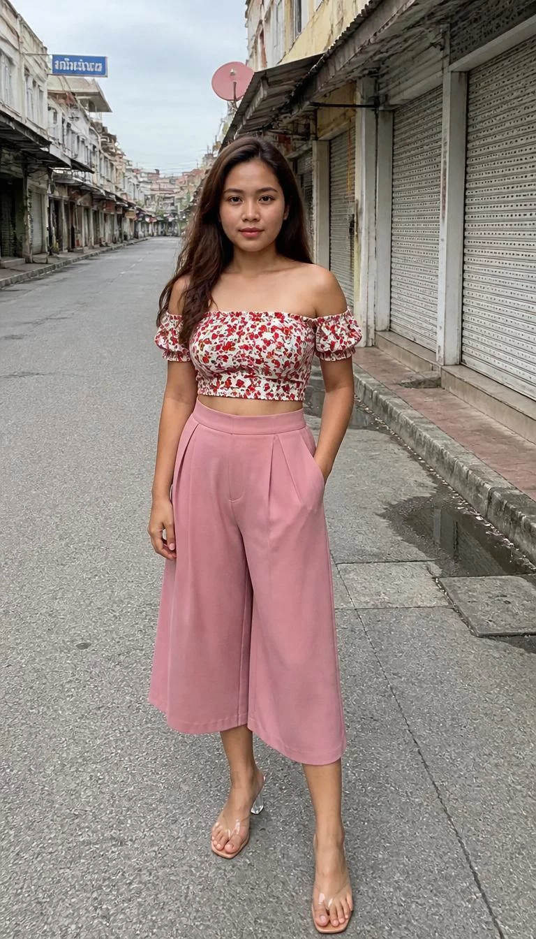A photorealistic full body shot of a 26-year-old Southeast Asian woman with a diamond face, deep brown, button nose, thick natural eyebrows, and wide lips. Her face features slightly crooked smile, faint under-eye shadows, and subtle natural facial asymmetry. She has hooded green eyes, rounded cheeks, neutral expression, confident. She is average build with brown long hair and is wearing a red and white floral off-the-shoulder crop top and pink pleated culottes, street in Thailand, no people in the background, high-quality mobile photography, shot on an iPhone 14.