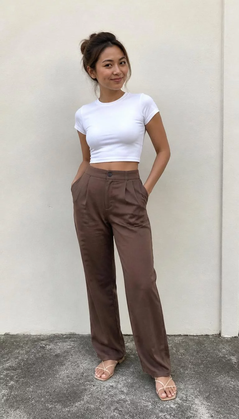 A photorealistic full body shot of a 33-year-old Southeast Asian woman with a heart-shaped face, golden brown, aquiline nose, softly curved eyebrows, and heart-shaped lips. Her face features dimples, subtle acne marks, and subtle natural facial asymmetry. She has almond-shaped brown eyes, high cheekbones, closed-mouth smile, playful. She is average build with brown long hair in a messy bun and is wearing a casual white cropped t-shirt, brown high-waisted trousers, and strappy sandals, off-white wall background, no people in the background, high-quality mobile photography, shot on an iPhone 14.