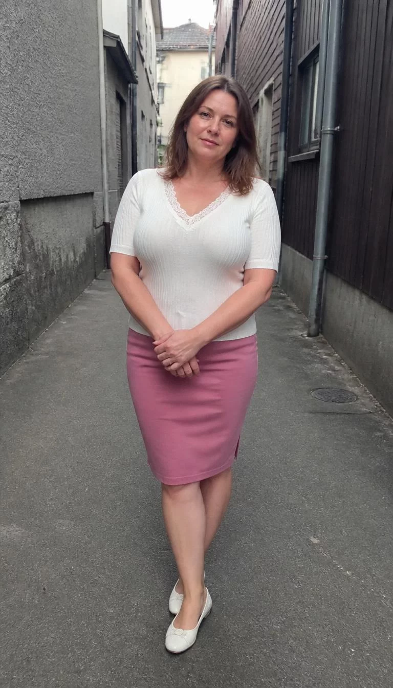 A photorealistic full body shot of a 46-year-old Northern European woman with a oblong face, light, button nose, straight eyebrows, and full lips. Her face features slightly crooked smile, subtle acne marks, and subtle natural facial asymmetry. She has downturned brown eyes, rounded cheeks, subtle smile, thoughtful. She is curvy build with brown shoulder-length hair and is wearing a white top and pink skirt, alleyway background, no people in the background, high-quality mobile photography, shot on an iPhone 14.