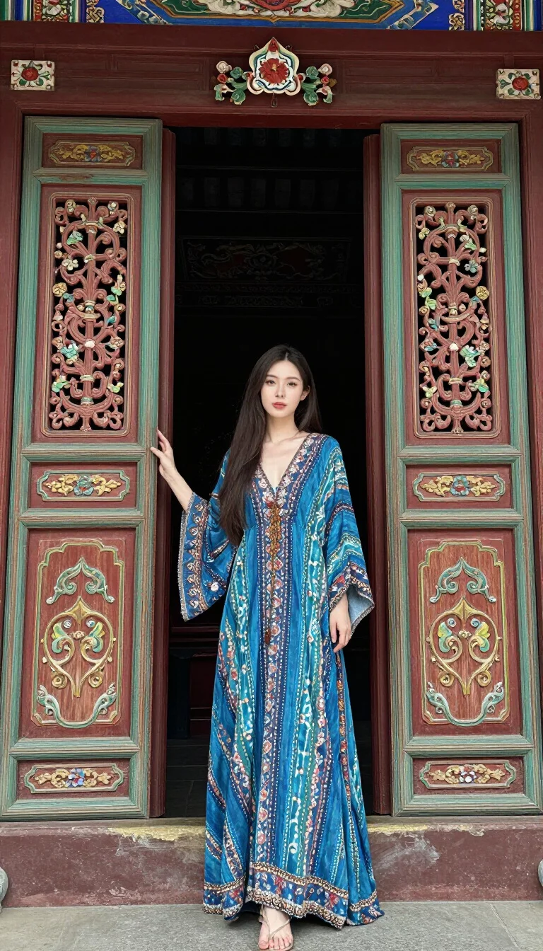 A photorealistic full body shot of a 25-year-old Asian woman with a very long hair and is wearing a flowing blue-patterned bohemian maxi dress, traditional ornate and colorful wooden door at a historic temple, no people in the background, high-quality mobile photography, shot on an iPhone 14.