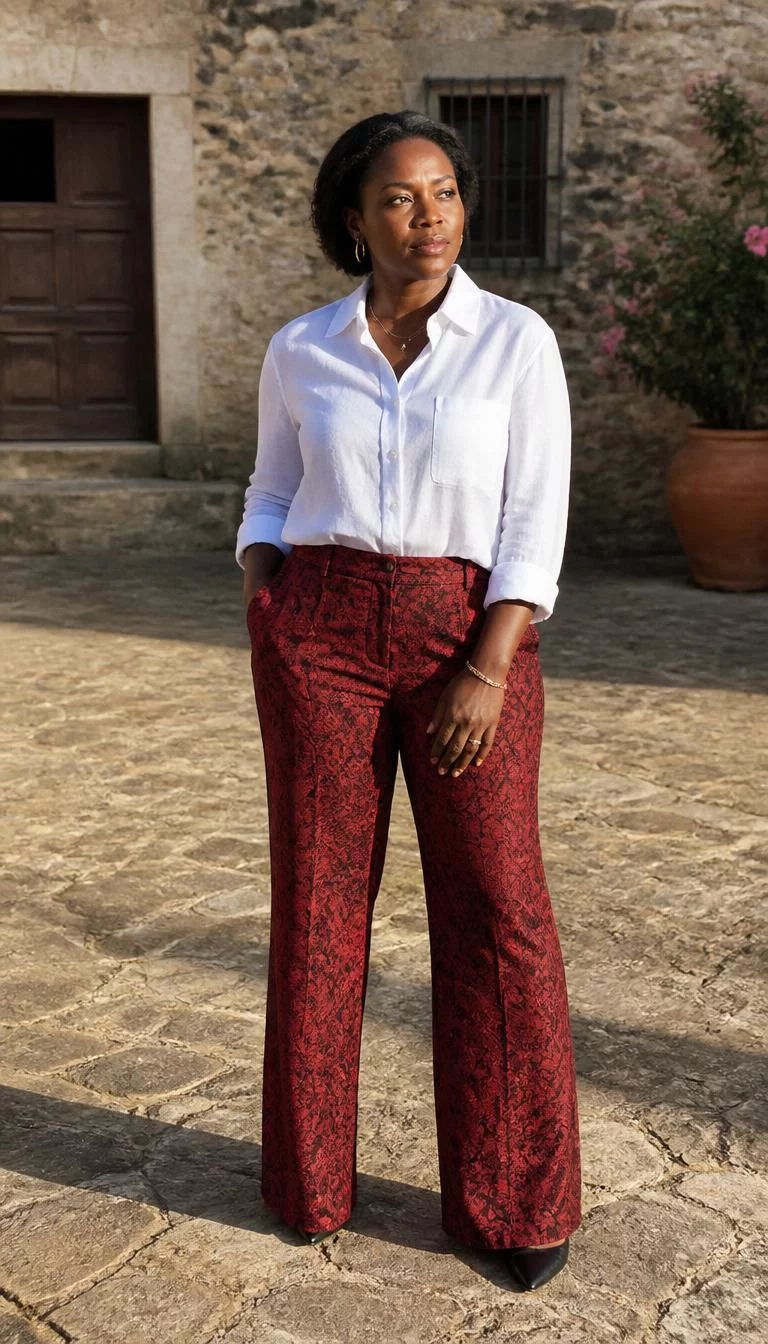 A photorealistic full body shot of a 42-year-old Black African woman with a pear-shaped face, olive, rounded nose, thick natural eyebrows, and wide lips. Her face features beauty mark near the lip, subtle acne marks, and subtle natural facial asymmetry. She has round amber eyes, high cheekbones, subtle smile, thoughtful. She is athletic build with dark hair and is wearing a white button-down and patterned red trousers, sunlit stone courtyard, no people in the background, high-quality mobile photography, shot on an iPhone 14.