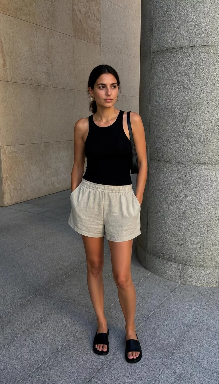 A photorealistic full body shot of a 24-year-old Southern European woman with a oblong face, tan, straight nose, feathered eyebrows, and thin lips. Her face features faint freckles across the nose, visible pores, and subtle natural facial asymmetry. She has round brown eyes, rounded cheeks, neutral expression, thoughtful. She is petite with brown hair tied back and is wearing a black sleeveless tank top, loose beige shorts, and black slides, modern stone pillar and wall, no people in the background, high-quality mobile photography, shot on an iPhone 14.