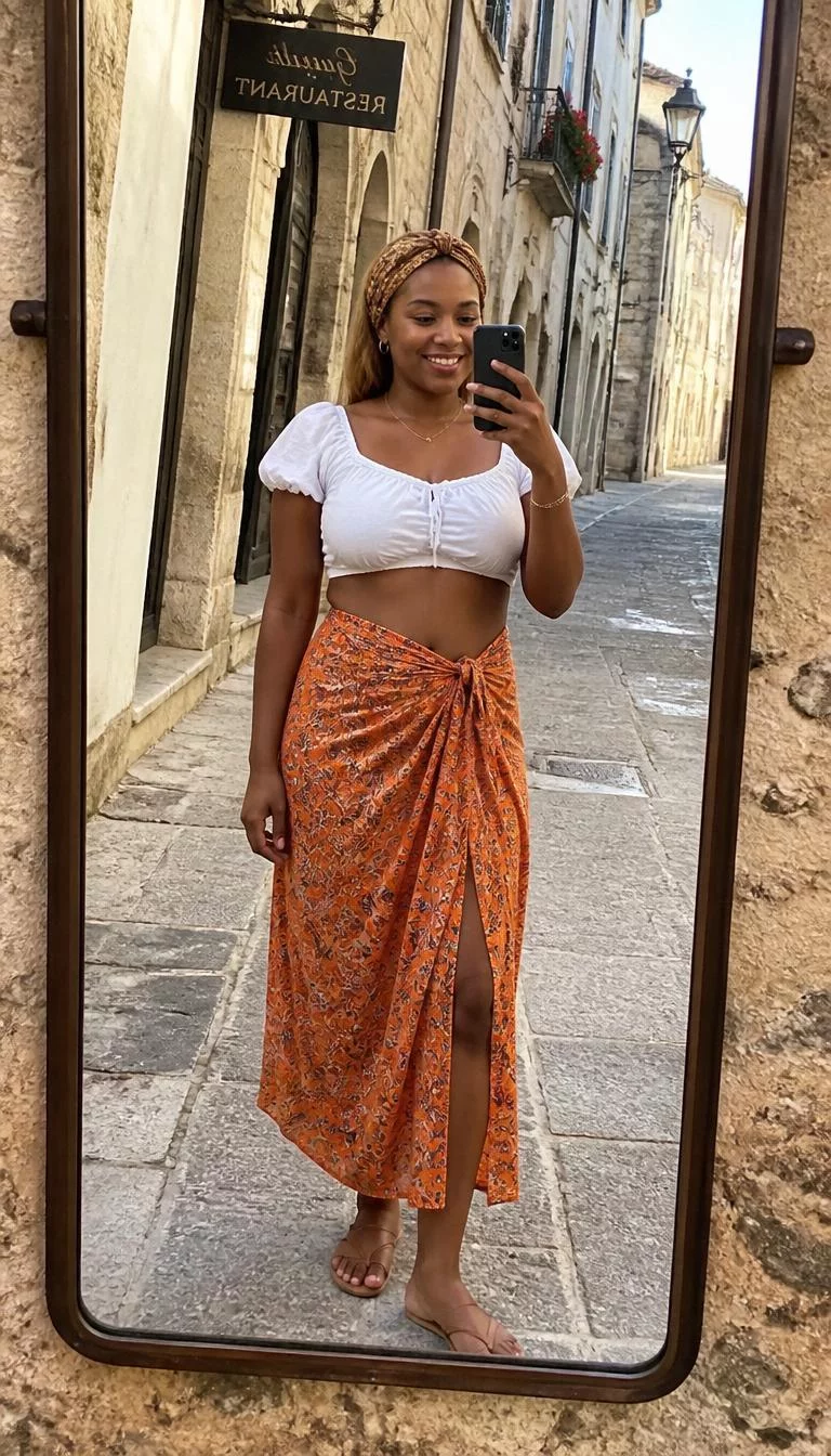Puff Sleeve Crop Top and Orange Wrap Skirt A photorealistic full body shot of a 32-year-old Black African woman with a oval face, olive, upturned nose, thick natural eyebrows, and full lips. Her face features uneven eyebrows, visible pores, and subtle natural facial asymmetry. She has hooded dark brown eyes, rounded cheeks, broad smile, cheerful. She is athletic build with light brown hair and a headscarf hair and is wearing a white puff-sleeve crop top and a patterned orange wrap skirt, posing in a mirror reflecting a historic European street, no people in the background, high-quality mobile photography, shot on an iPhone 14.