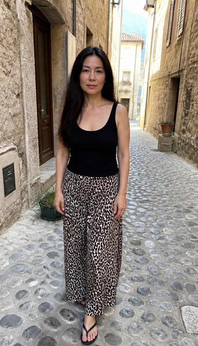 Black Tank Top and Leopard Print Maxi Skirt A photorealistic full body shot of a 48-year-old East Asian woman with a heart-shaped face, olive, straight nose, thick natural eyebrows, and wide lips. Her face features faint freckles across the nose, faint under-eye shadows, and subtle natural facial asymmetry. She has deep-set gray eyes, rounded cheeks, neutral expression, relaxed. She is average build with brunette long straight hair hair and is wearing a black tank top and a leopard-print maxi skirt, in a narrow, sunlit stone alleyway with rustic architecture, no people in the background, high-quality mobile photography, shot on an iPhone 14.