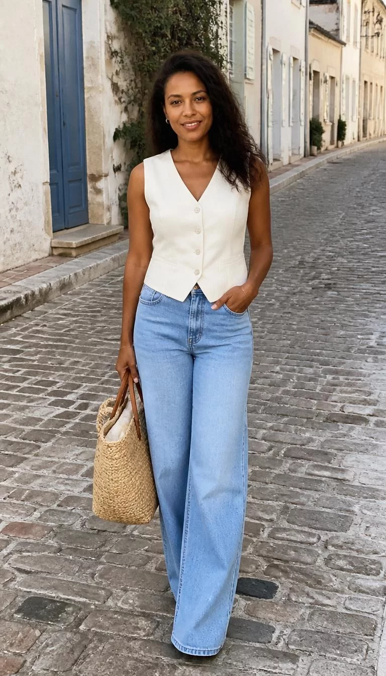 Cream Vest and Wide Leg Jeans with Woven Tote A photorealistic full body shot of a 38-year-old Black African woman with a diamond face, tan, rounded nose, thick natural eyebrows, and full lips. Her face features gap between front teeth, faint under-eye shadows, and subtle natural facial asymmetry. She has upturned green eyes, pronounced cheekbones, closed-mouth smile, cheerful. She is petite with loose dark wavy hair hair and is wearing a cream button-down vest, light blue wide-leg jeans, and a woven tote bag, on a cobblestone street, no people in the background, high-quality mobile photography, shot on an iPhone 14.