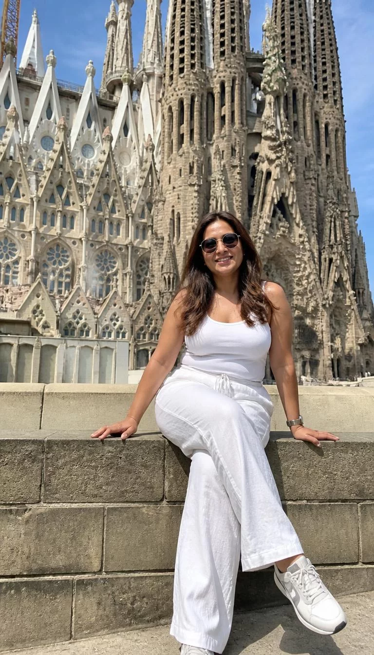All White Casual Attire for Sightseeing A photorealistic full body shot of a 38-year-old South Asian woman with a diamond face, dark brown, rounded nose, thin arched eyebrows, and wide lips. Her face features slightly crooked smile, slightly flushed cheeks, and subtle natural facial asymmetry. She has round brown eyes, rounded cheeks, broad smile, cheerful. She is curvy build with long brown hair hair and is wearing a white tank top, white linen trousers, and sunglasses, sitting on a stone ledge in front of the Sagrada Familia cathedral in Barcelona, no people in the background, high-quality mobile photography, shot on an iPhone 14.
