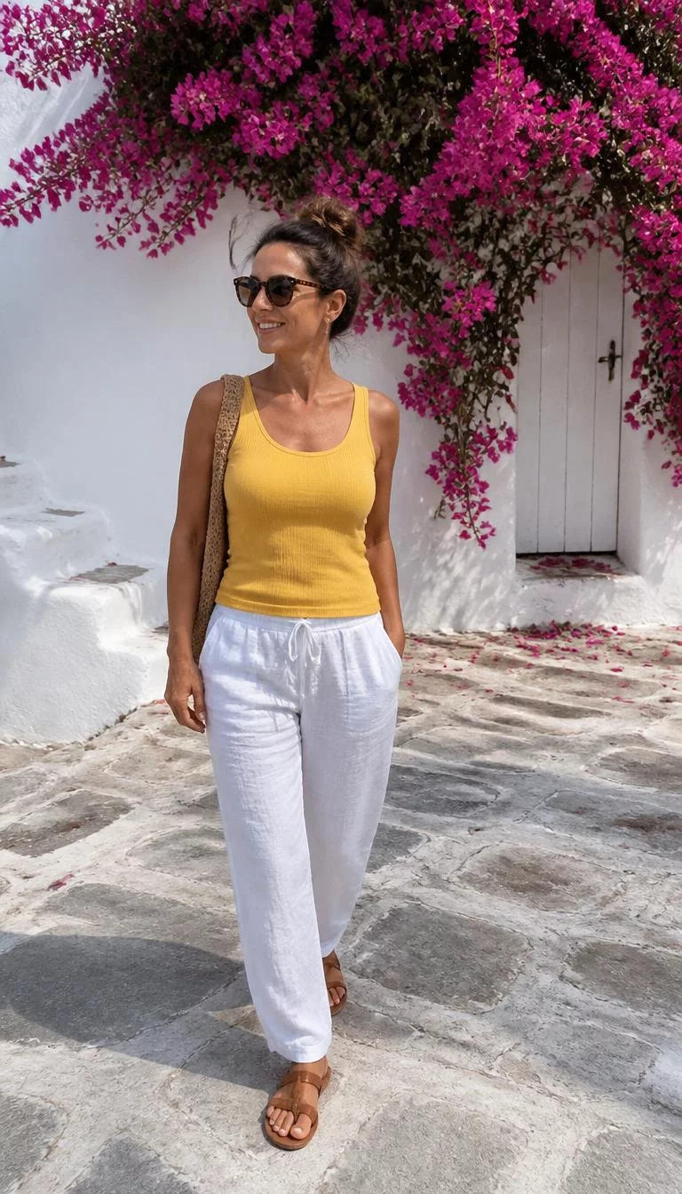 Yellow Tank Top and White Linen Trousers A photorealistic full body shot of a 41-year-old Northern European woman with a oval face, tan, narrow nose, thick natural eyebrows, and heart-shaped lips. Her face features gap between front teeth, a few laugh lines, and subtle natural facial asymmetry. She has monolid hazel eyes, high cheekbones, closed-mouth smile, cheerful. She is average build with brunette dark messy bun hair and is wearing a yellow tank top, white linen trousers, and sunglasses, past a white building with pink bougainvillea flowers, no people in the background, high-quality mobile photography, shot on an iPhone 14.