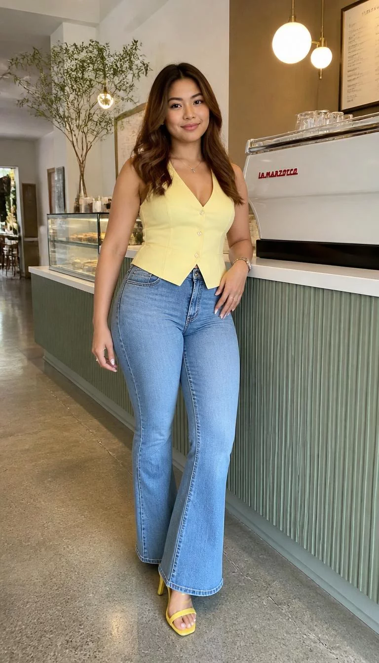 Yellow Button Up Vest and Flared Jeans A photorealistic full body shot of a 24-year-old Southeast Asian woman with a square face, light, narrow nose, feathered eyebrows, and heart-shaped lips. Her face features widow's peak hairline, visible pores, and subtle natural facial asymmetry. She has upturned brown eyes, rounded cheeks, closed-mouth smile, relaxed. She is curvy build with brunette loose wavy hair and is wearing a yellow button-up vest, blue flared jeans, and yellow heels, inside a bright, modern cafe near a coffee machine and pastries, no people in the background, high-quality mobile photography, shot on an iPhone 14.