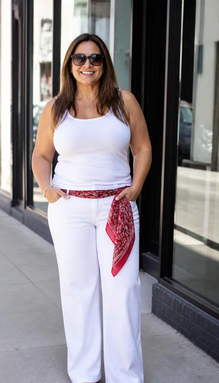 White Tank and Trousers with Red Waist Scarf A photorealistic full body shot of a 44-year-old Latina woman with a round face, tan, upturned nose, softly curved eyebrows, and thin lips. Her face features slightly crooked smile, slightly flushed cheeks, and subtle natural facial asymmetry. She has downturned amber eyes, rounded cheeks, broad smile, cheerful. She is average build with brunette hair and is wearing a simple white tank top, white trousers, red patterned scarf tied at her waist, and dark sunglasses, on a city sidewalk by storefront glass, no people in the background, high-quality mobile photography, shot on an iPhone 14.