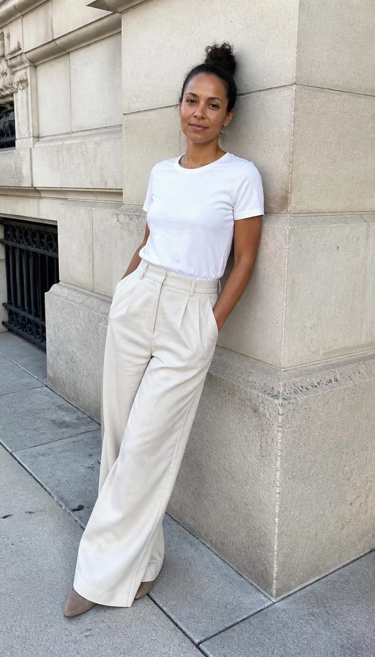 White T-Shirt and Light Beige Trousers A photorealistic full body shot of a 43-year-old Afro-Caribbean woman with a diamond face, tan, narrow nose, softly curved eyebrows, and thin lips. Her face features faint freckles across the nose, faint under-eye shadows, and subtle natural facial asymmetry. She has upturned gray eyes, pronounced cheekbones, closed-mouth smile, thoughtful. She is average build with brunette dark messy bun hair and is wearing a white t-shirt and light beige wide-leg trousers, leaning against a stone building corner, no people in the background, high-quality mobile photography, shot on an iPhone 14.