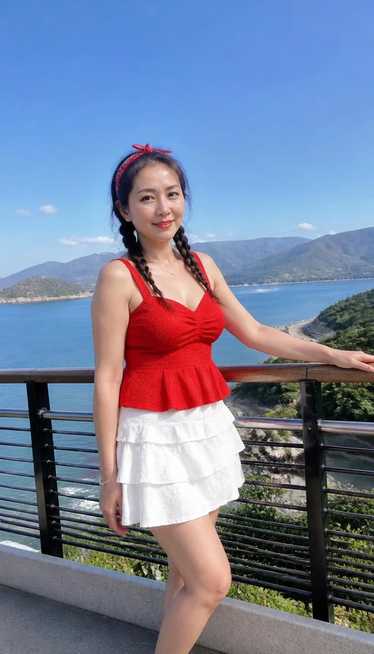 Red Peplum Top and Bandana A photorealistic full body shot of a 46-year-old East Asian woman with a oblong face, deep brown, aquiline nose, feathered eyebrows, and thin lips. Her face features uneven eyebrows, a few laugh lines, and subtle natural facial asymmetry. She has downturned amber eyes, high cheekbones, subtle smile, relaxed. She is athletic build with brunette hair with a red bandana and braided pigtails hair and is wearing a red peplum top and white tiered skirt, leaning against a railing with a scenic coastal bay view, no people in the background, high-quality mobile photography, shot on an iPhone 14.