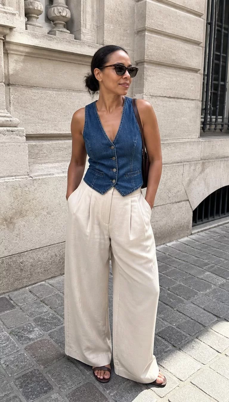 Denim Vest and Cream Wide Leg Trousers A photorealistic full body shot of a 41-year-old Afro-Caribbean woman with a oblong face, olive, upturned nose, feathered eyebrows, and thin lips. Her face features widow's peak hairline, faint under-eye shadows, and subtle natural facial asymmetry. She has round amber eyes, soft cheekbones, neutral expression, playful. She is average build with brunette hair in a low bun hair and is wearing a denim vest, cream-colored wide-leg trousers, and dark sunglasses, standing against a classic European-style stone building exterior, no people in the background, high-quality mobile photography, shot on an iPhone 14.
