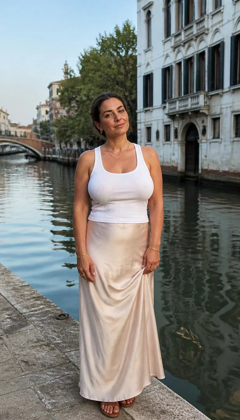 Silk Skirt and Soft Low Bun A photorealistic full body shot of a 38-year-old Middle Eastern woman with a oblong face, tan, upturned nose, thin arched eyebrows, and thin lips. Her face features widow's peak hairline, light freckles, and subtle natural facial asymmetry. She has downturned blue eyes, high cheekbones, closed-mouth smile, relaxed. She is curvy build with brunette hair in a soft low bun hair and is wearing a white tank top and a flowing champagne cream silk skirt, by a peaceful canal, no people in the background, high-quality mobile photography, shot on an iPhone 14.