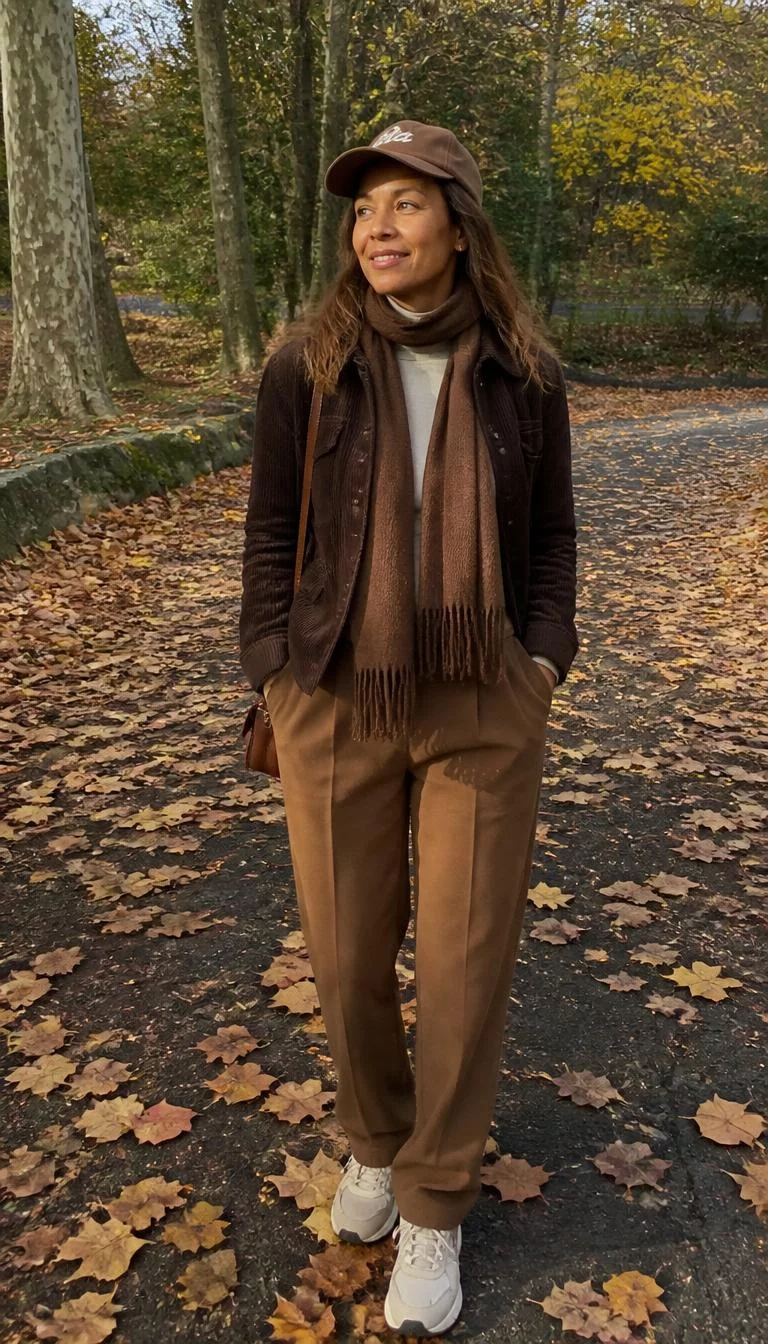 Dark Brown Corduroy Jacket and Brown Trousers A photorealistic full body shot of a 48-year-old Mixed-race woman with a oval face, tan, rounded nose, thin arched eyebrows, and thin lips. Her face features gap between front teeth, a few laugh lines, and subtle natural facial asymmetry. She has monolid green eyes, rounded cheeks, broad smile, thoughtful. She is slim with brown hair and is wearing a light-colored turtleneck, a dark brown corduroy jacket, brown trousers, a brown scarf, a brown baseball cap, a shoulder bag, and sneakers, no people in the background, high-quality mobile photography, shot on an iPhone 14.