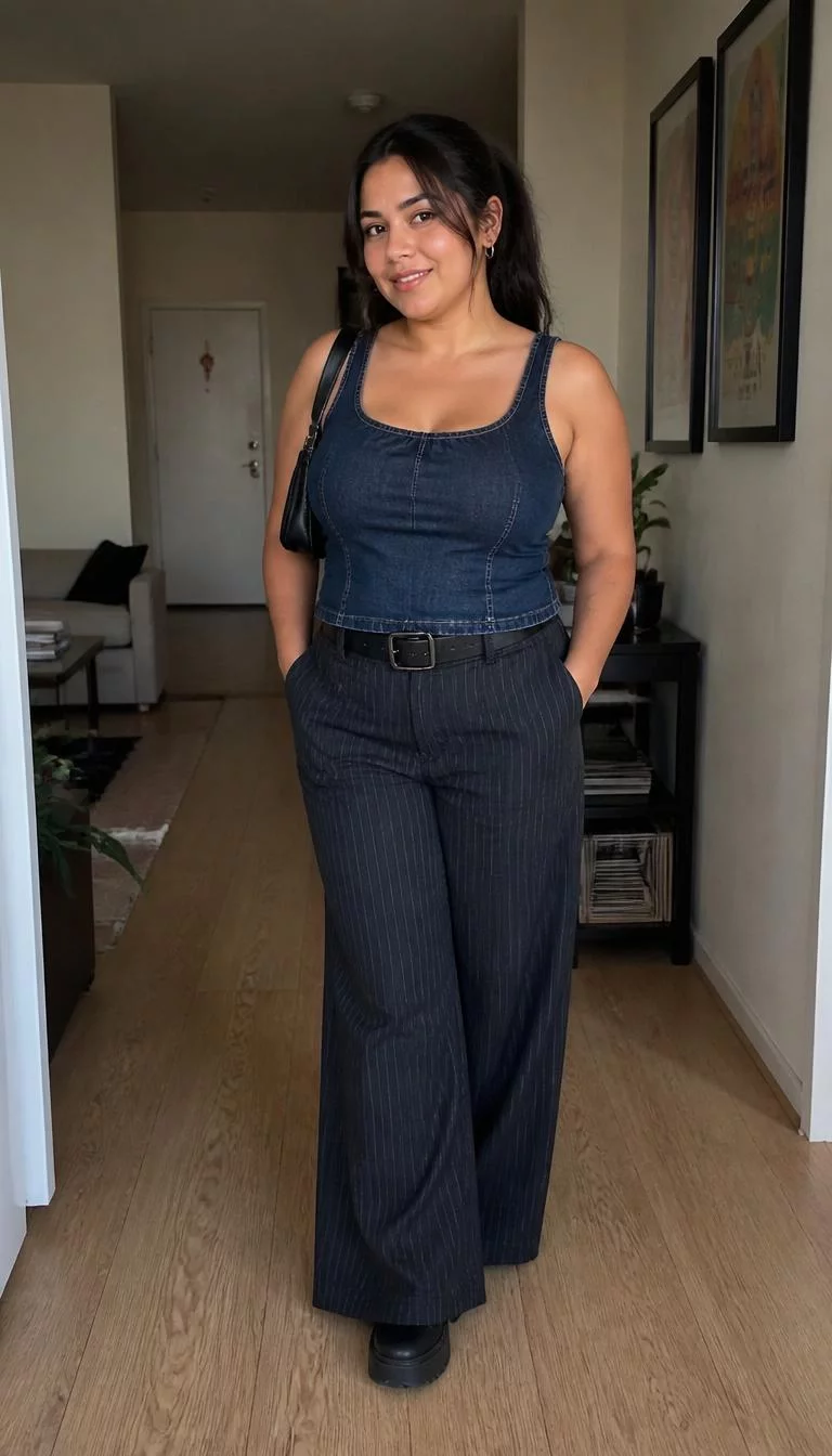 Navy Denim Tank Top and Pinstriped Wide Leg Trousers A photorealistic full body shot of a 25-year-old Latina woman with a round face, light, rounded nose, feathered eyebrows, and full lips. Her face features gap between front teeth, faint under-eye shadows, and subtle natural facial asymmetry. She has deep-set hazel eyes, pronounced cheekbones, subtle smile, relaxed. She is petite with dark ponytail hair and is wearing a navy denim tank top, pinstriped wide-leg trousers, a black belt, and dark platform shoes, in a residential setting, no people in the background, high-quality mobile photography, shot on an iPhone 14.