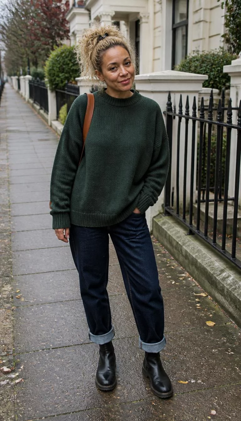 Oversized Dark Green Sweater and Cuffed Jeans A photorealistic full body shot of a 39-year-old Afro-Caribbean woman with a heart-shaped face, light, button nose, thick natural eyebrows, and heart-shaped lips. Her face features small scar on the eyebrow, light freckles, and subtle natural facial asymmetry. She has round brown eyes, soft cheekbones, broad smile, thoughtful. She is slim with blonde hair in a messy high ponytail with a clip hair and is wearing a dark green oversized sweater, dark blue cuffed jeans, a brown bag, and black boots, no people in the background, high-quality mobile photography, shot on an iPhone 14.