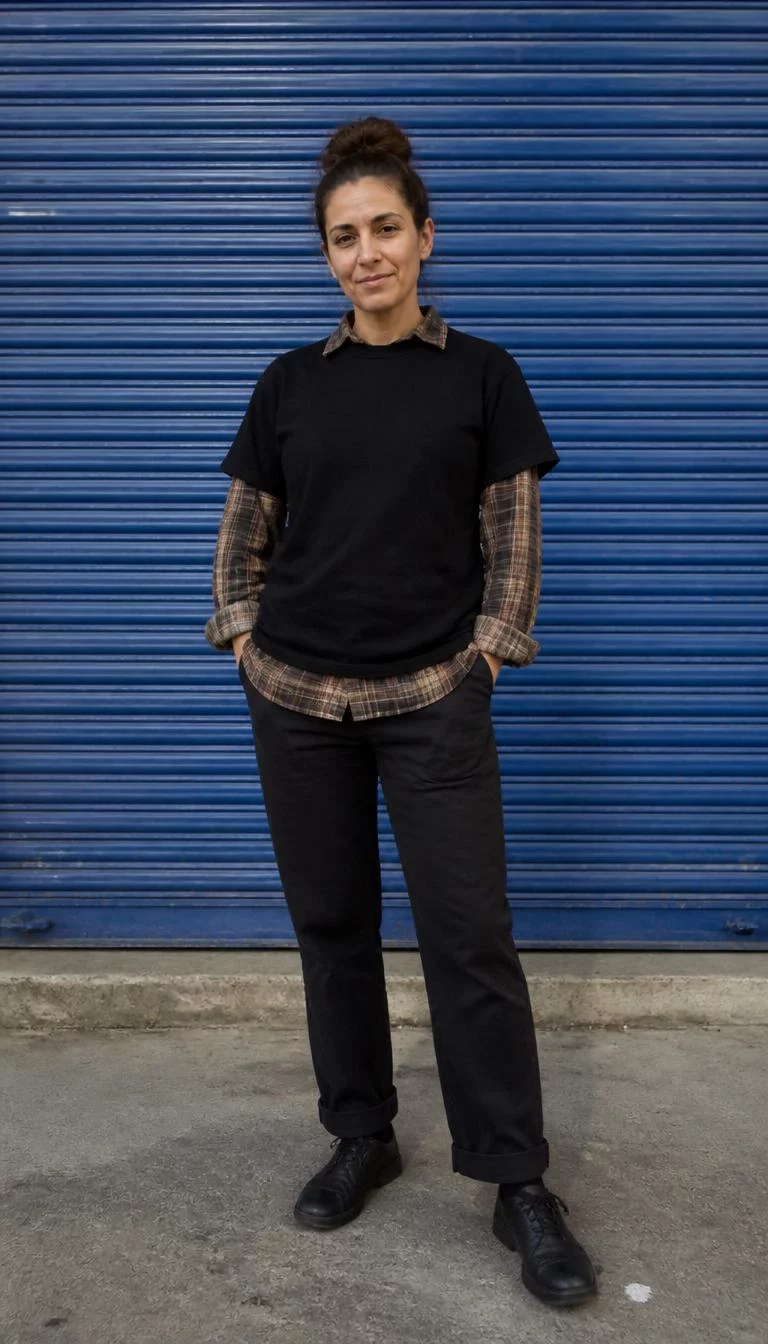 Black T-Shirt Layered Over Brown Plaid Shirt A photorealistic full body shot of a 39-year-old Mediterranean woman with a diamond face, olive, aquiline nose, softly curved eyebrows, and wide lips. Her face features slightly crooked smile, visible pores, and subtle natural facial asymmetry. She has downturned gray eyes, pronounced cheekbones, closed-mouth smile, thoughtful. She is athletic build with brown bun hair and is wearing a black t-shirt layered over a brown plaid long-sleeve shirt, dark trousers, and black shoes, in front of a blue shutter, no people in the background, high-quality mobile photography, shot on an iPhone 14.