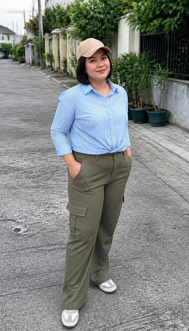 Blue Striped Collared Shirt and Olive Green Cargo Pants A photorealistic full body shot of a 32-year-old Southeast Asian woman with a square face, fair, narrow nose, softly curved eyebrows, and heart-shaped lips. Her face features beauty mark near the lip, slightly flushed cheeks, and subtle natural facial asymmetry. She has upturned brown eyes, soft cheekbones, closed-mouth smile, cheerful. She is curvy build with dark brown chin-length hair and is wearing a blue striped collared shirt, olive green cargo-style pants, a tan baseball cap, and casual sneakers, on a street, no people in the background, high-quality mobile photography, shot on an iPhone 14.